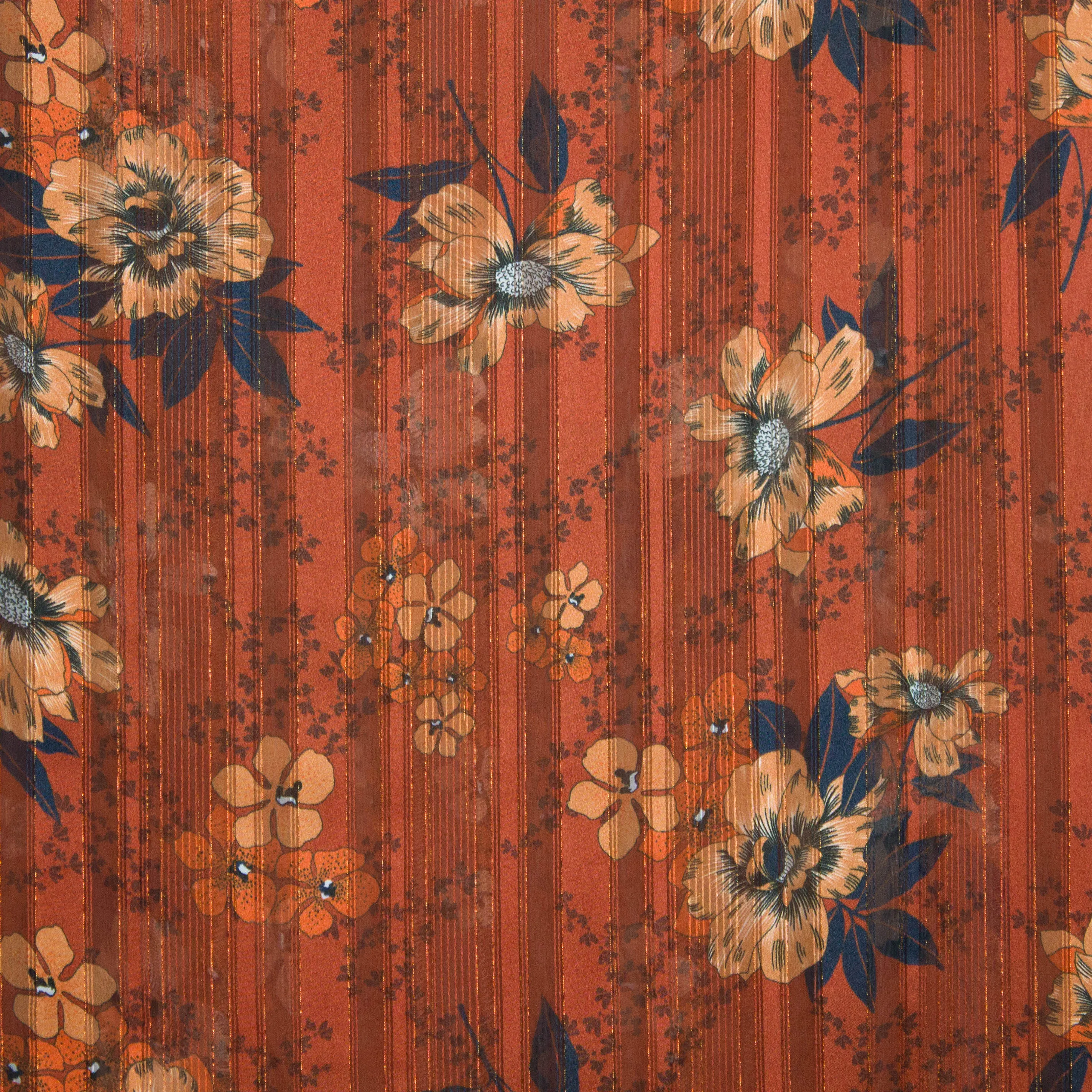 Voile bruin met bloemen en strepen met blinkend draadje